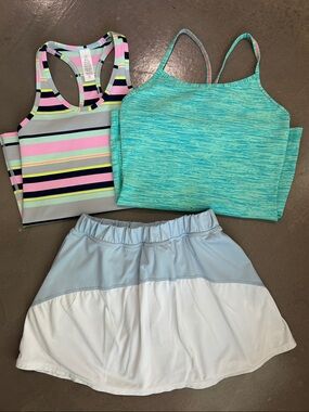 Active Wear Bundle -  Striped Tops and Light Blue & White Skort